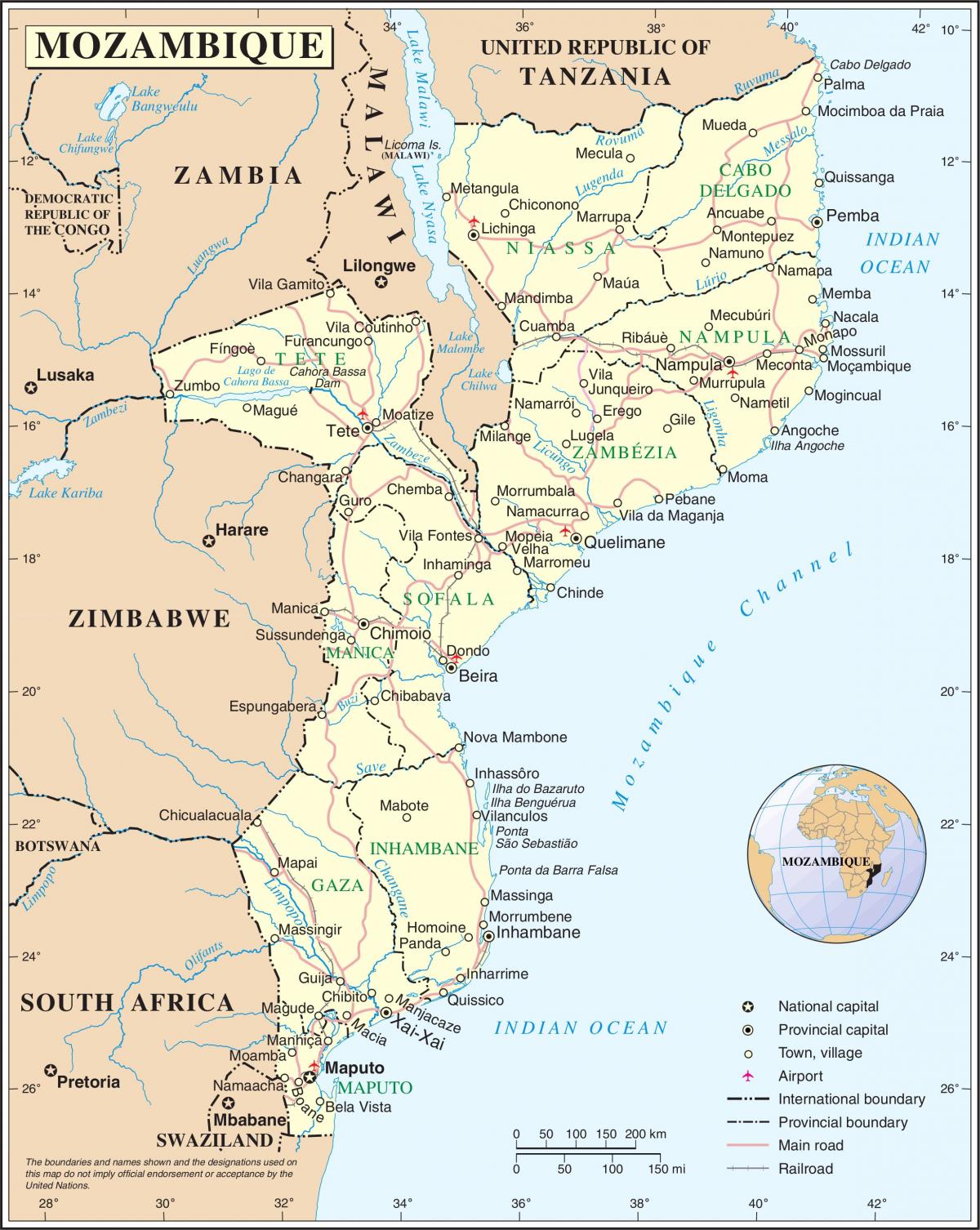 lennujaamad Mosambiigis kaardil