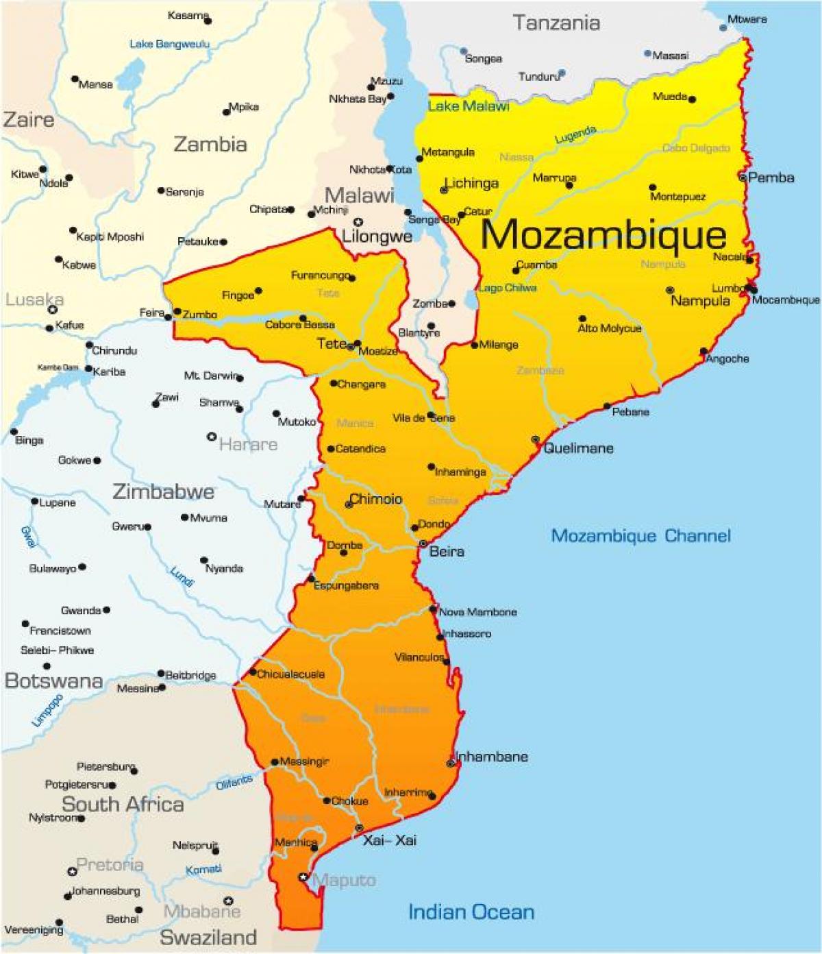 kaart Mosambiigi kaardil vahemaad